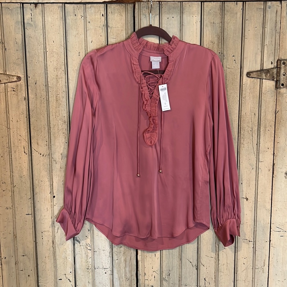 Chicos Ruffle Tie Neck Pullover